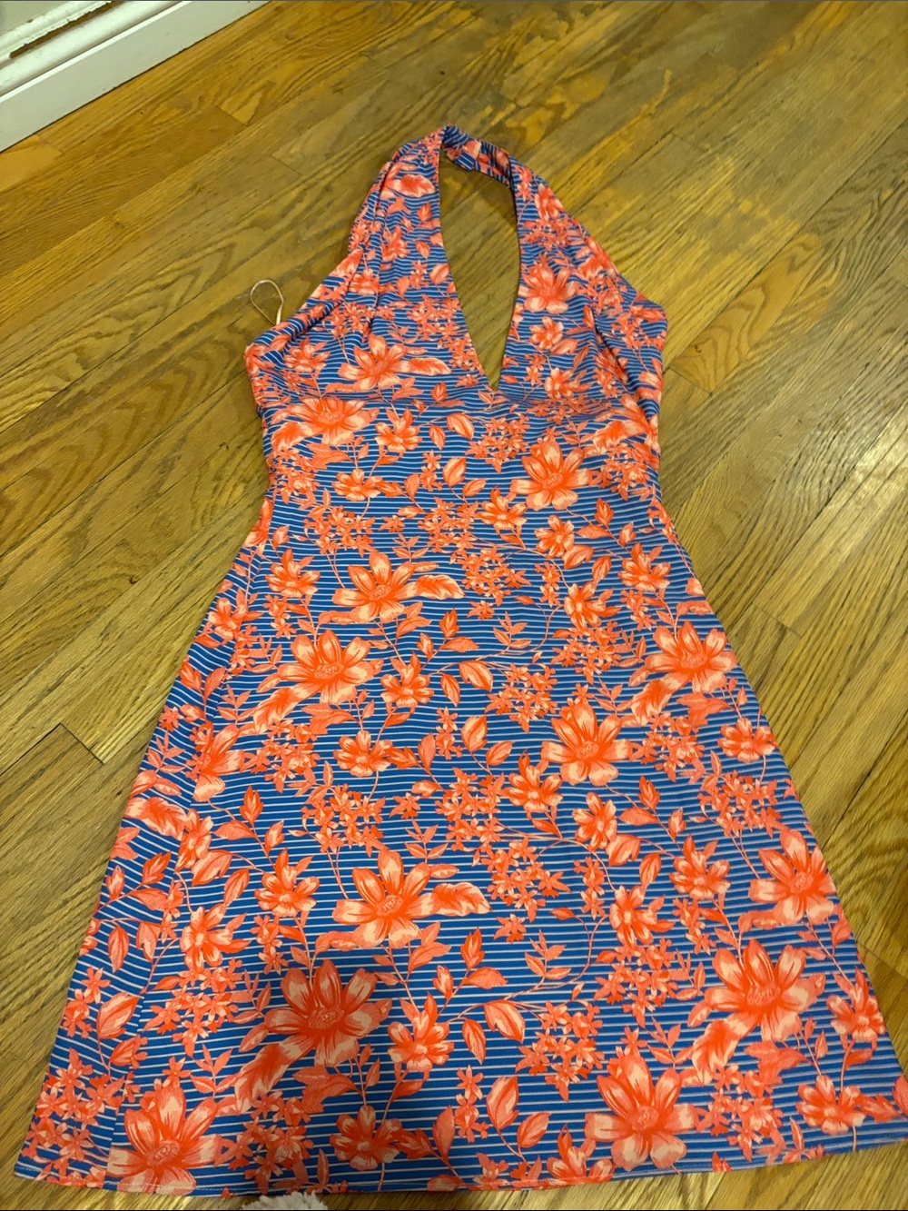 Badgley Mischka Blue & Orange Floral Halter Mini Dress